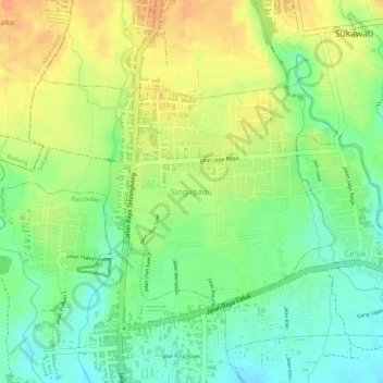 Mapa topográfico Singapadu, altitude, relevo