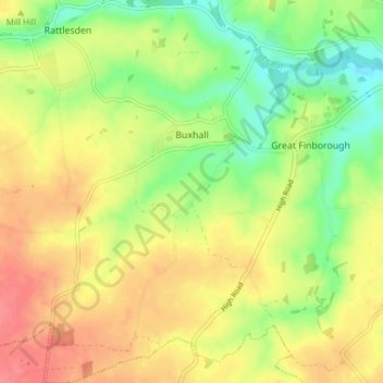 Mapa topográfico Buxhall, altitude, relevo