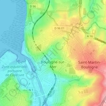 Mapa topográfico Boulogne-sur-Mer, altitude, relevo