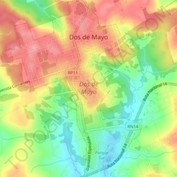 Mapa topográfico Dos de Mayo, altitude, relevo