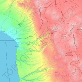 Mapa topográfico Región de Arica y Parinacota, altitude, relevo