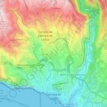 Mapa topográfico Câmara de Lobos, altitude, relevo