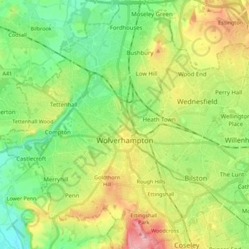 Mapa topográfico Wolverhampton, altitude, relevo