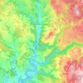 Mapa topográfico Soudaine-Lavinadière, altitude, relevo