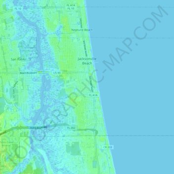 Mapa topográfico Jacksonville Beach, altitude, relevo
