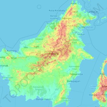 Mapa topográfico Borneo, altitude, relevo