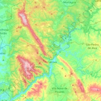 Mapa topográfico Penacova, altitude, relevo