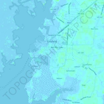 Mapa topográfico Crisfield, altitude, relevo