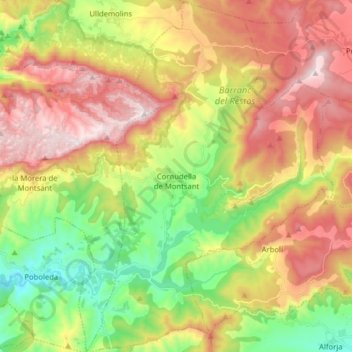 Mapa topográfico Cornudella de Montsant, altitude, relevo