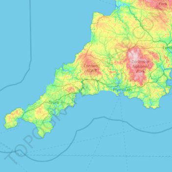 Mapa topográfico Cornwall, altitude, relevo