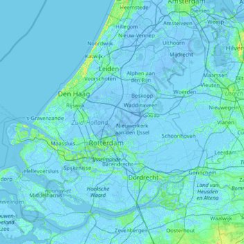 Mapa topográfico Zuid-Holland, altitude, relevo