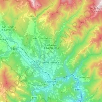 Mapa topográfico Pieve Fosciana, altitude, relevo