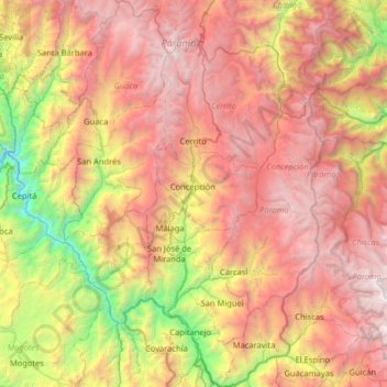 Mapa topográfico García Rovira, altitude, relevo