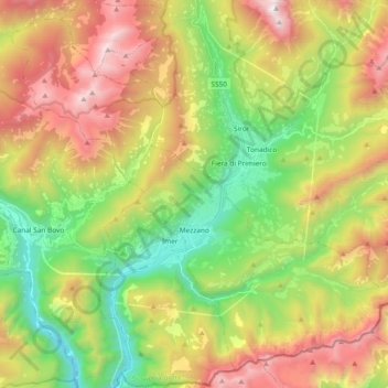 Mapa topográfico Mezzano, altitude, relevo