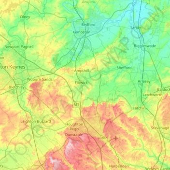 Mapa topográfico Central Bedfordshire, altitude, relevo