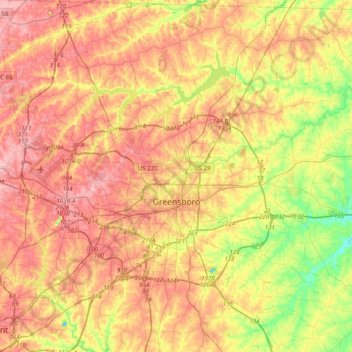 Mapa topográfico Greensboro, altitude, relevo