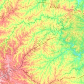 Mapa topográfico Amelia County, altitude, relevo