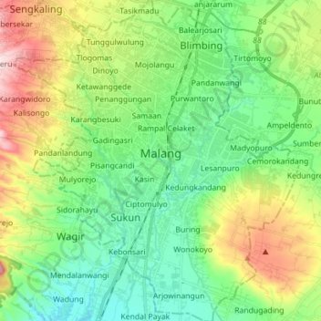 Mapa topográfico Malang, altitude, relevo