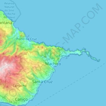 Mapa topográfico Machico, altitude, relevo