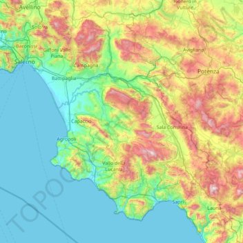 Mapa topográfico Salerno, altitude, relevo