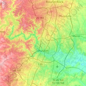 Mapa topográfico Austin, altitude, relevo