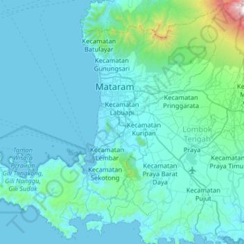 Mapa topográfico Lombok Barat, altitude, relevo