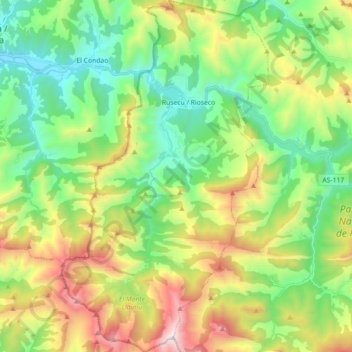 Mapa topográfico Sobrescobio, altitude, relevo