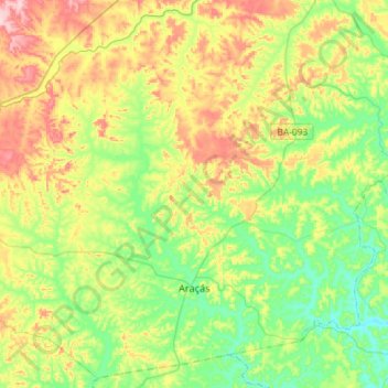Mapa topográfico Araçás, altitude, relevo