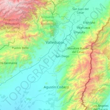 Mapa topográfico Valledupar, altitude, relevo