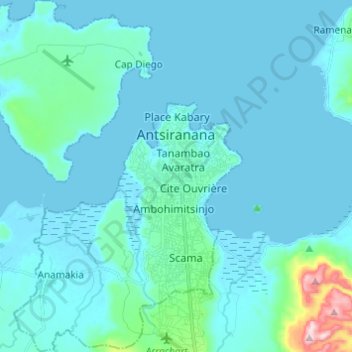 Mapa topográfico Antsiranana, altitude, relevo