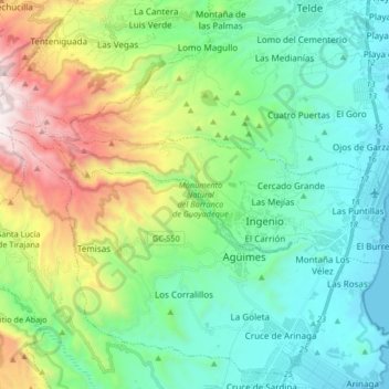 Mapa topográfico Barranco de Guayadeque, altitude, relevo