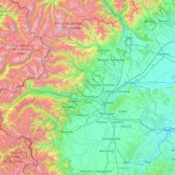 Mapa topográfico Torino, altitude, relevo