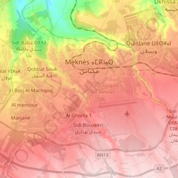 Mapa topográfico Meknès, altitude, relevo