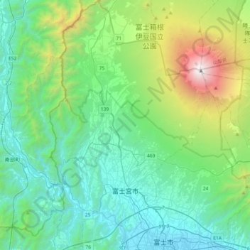 Mapa topográfico 富士宮市, altitude, relevo
