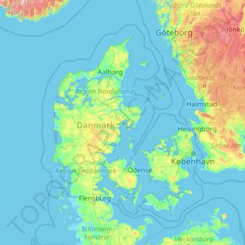 Mapa topográfico Dinamarca, altitude, relevo
