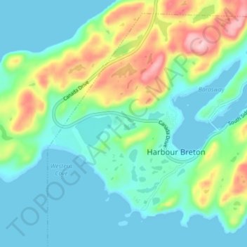 Mapa topográfico Harbour Breton, altitude, relevo