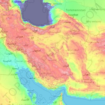 Mapa topográfico Irão, altitude, relevo