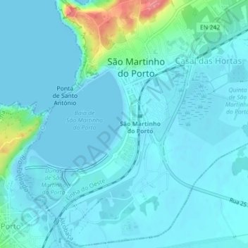 Mapa topográfico Praia de São Martinho do Porto, altitude, relevo