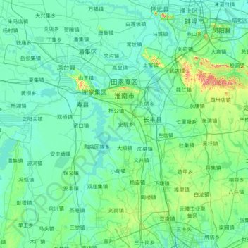 Mapa topográfico Huainan, altitude, relevo