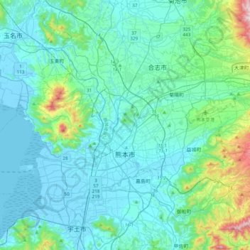 Mapa topográfico 熊本市, altitude, relevo