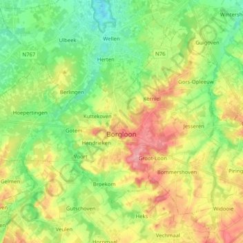 Mapa topográfico Borgloon, altitude, relevo