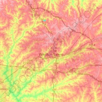 Mapa topográfico Winston-Salem, altitude, relevo