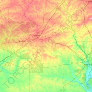 Mapa topográfico Lee County, altitude, relevo