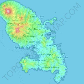Mapa topográfico Martinica, altitude, relevo