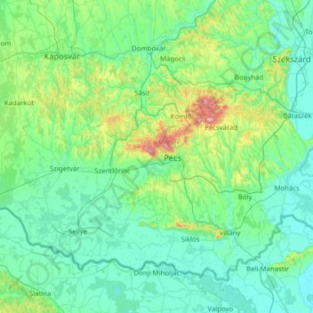 Mapa topográfico Baranya vármegye, altitude, relevo