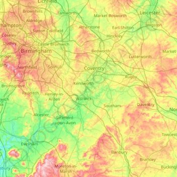 Mapa topográfico Warwickshire, altitude, relevo