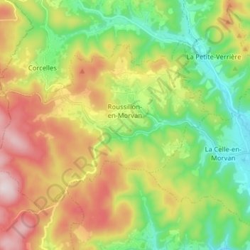 Mapa topográfico Roussillon-en-Morvan, altitude, relevo