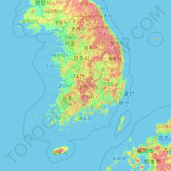 Mapa topográfico South Korea, altitude, relevo