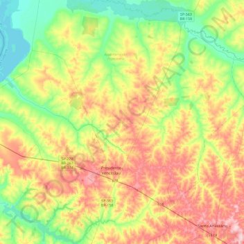 Mapa topográfico Presidente Venceslau, altitude, relevo