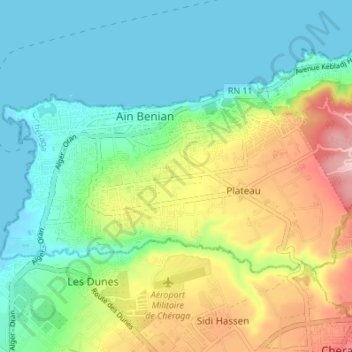 Mapa topográfico Aïn Benian, altitude, relevo